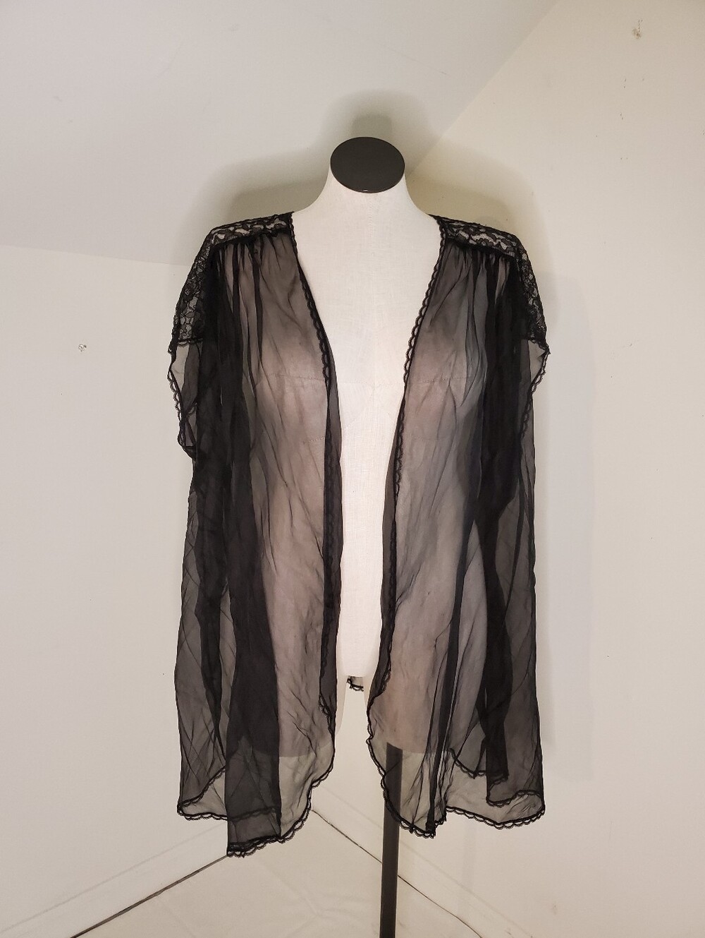 Vintage Black Chiffon Short Lingerie Robe Lace Trim Size 26-28